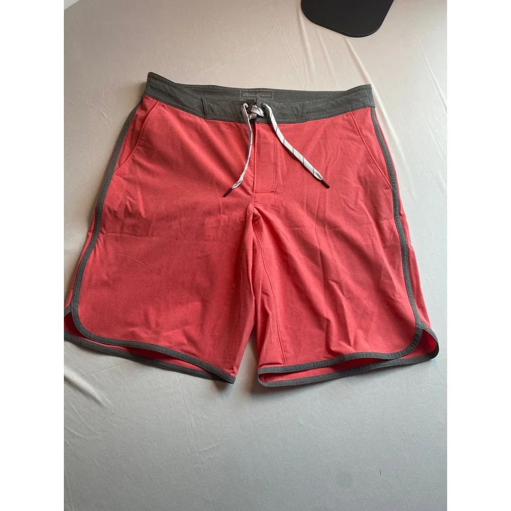 Eddie Bauer Mens Outdoor Board Shorts Coral Red Gray Swim Trunks Size 34